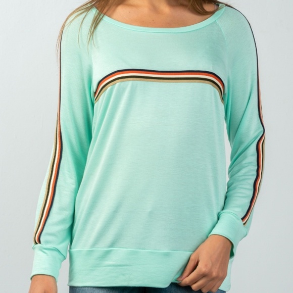💚Mint Top with Multicolored Racer Stripes - Picture 3 of 3